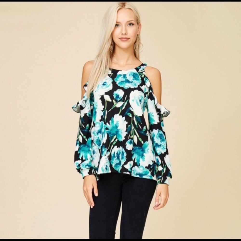 Black Turquoise Floral Janice Cold Shoulder Top